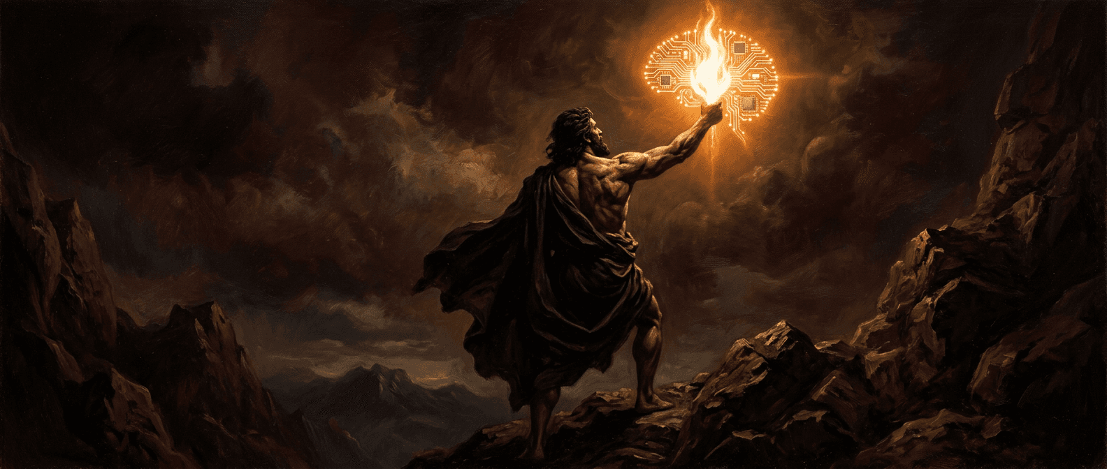 Prometheus holding the flame of AI — classical oil painting